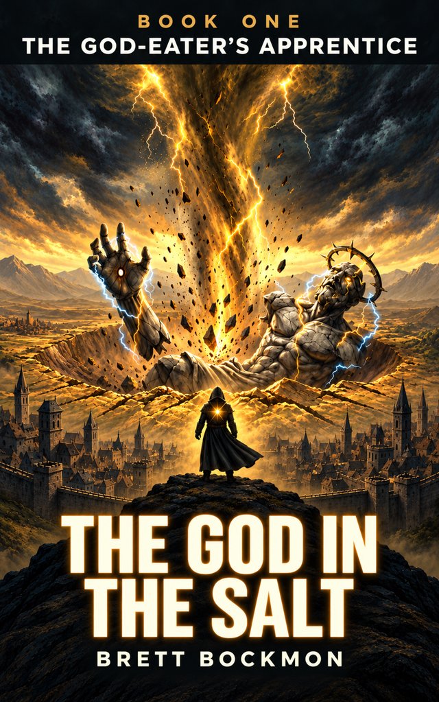Cover of The God in the Salt: a hooded figure on a ridge below a storm, a giant stone god breaking out of the salt flats.