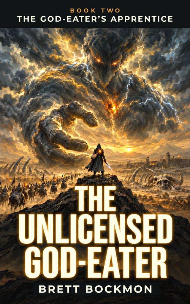 Cover of The Unlicensed God-Eater: a hooded figure on a ridge as a vast god made of storm cloud reaches down toward him, riders with torches on the plain below.
